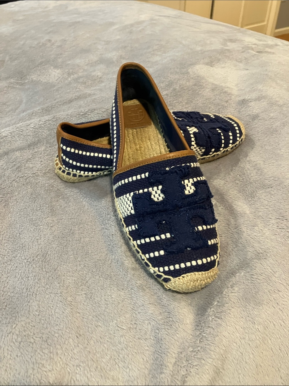 Tory Burch Navy and Cream Woven Espadrille Flats